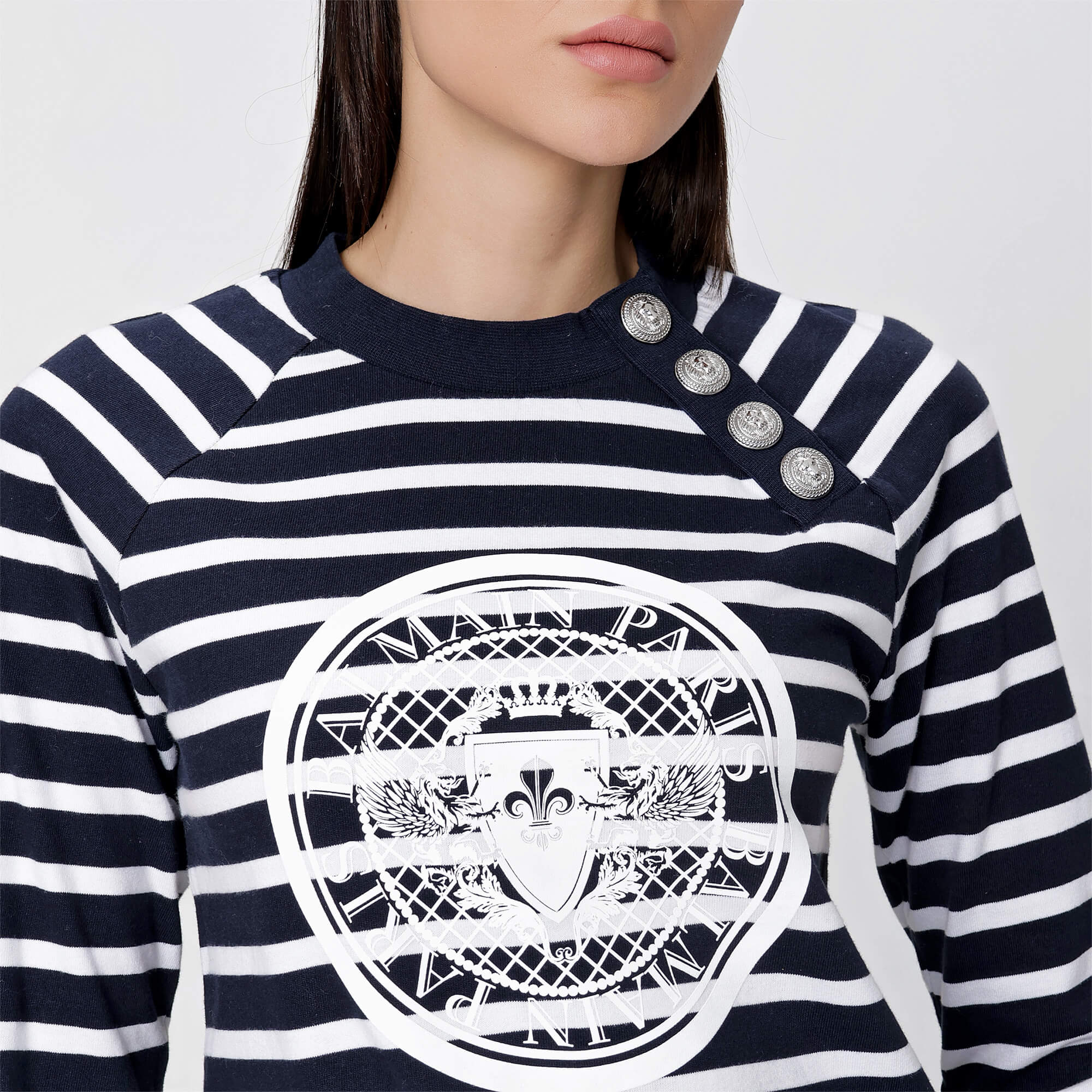 Balmain - Navy Cotton Logo Print Striped Sweatshirt With Silver Buttons